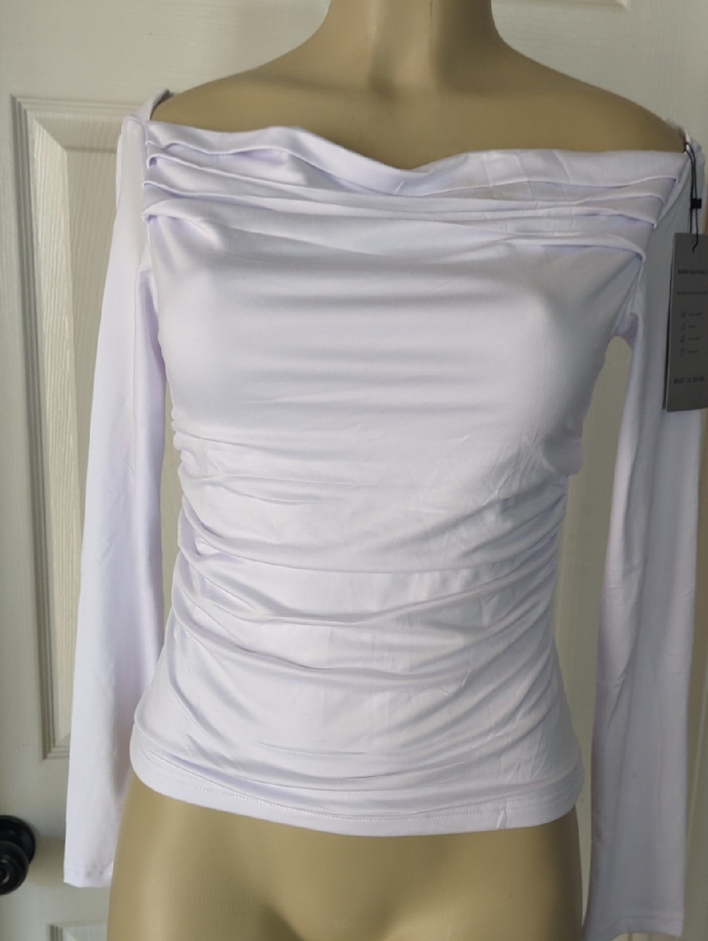 Women's White Off-Shoulder Ruched Long Sleeve Top pit to pit 16 inch